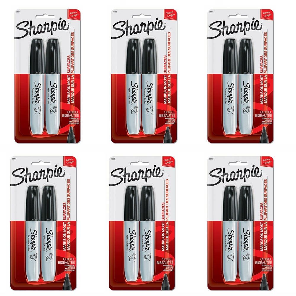 Pack of (6) NEW Sharpie 2 Black Chisel Tip Permanent Markers